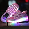 Kids LED tennis shoes for baby boy girl children glowing luminous light up sneakers with on wheels kids roller skate pink shoes 210303