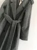 UK Spring design Women Simple Wool Maxi Long Coat Robe Slim fit overcoat Casual coat with belt Grey 201215