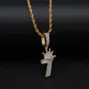 Shiny Crown Number 7 Pendant Necklace Charm With Rope Chain Iced Out Cubic Zircon Hiphop Jewelry