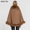 JKKFURS Kadın Panço Hakiki Tilki Kürk Yaka Trim Kaşmir Pelerin Yün Moda Stil Sonbahar Kış sıcak tutan kaban S7358 201208