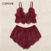 COLROVIE Burgundy Ribbon Scalloped Floral Lace Sexy Dessous Frauen Dessous 2019 Mode Bralette Unterwäsche BH Set Y200708