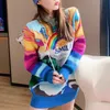 Kvinnors Tröjor Stora Tröjor Kvinnor 2021 Fashion Rainbow Striped Jumpers Letters Stickade Pullovers Lösa Casual Streetwear Toppar C-237