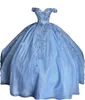 2023 Bling Tulle Bahama Vestidos de quinceañera azul Vestido de fiesta Fuera del hombro Flores 3D Corsé de cristal Volver con cordones Graduación formal