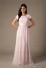 Beaded Pink Long Chiffon Modest Bridesmaid Klänningar med Cap Sleeves Elegant Kväll Bröllopsfest Klänningar A-Line Golvlängd Anpassad