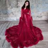 Long Sleeves Feather Tulle Evening Dresses Sexy Burgundy Formal Party Prom Dress Plus Size Custom Made Robe De Soiree