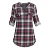 Kvinnors Blusar Skjortor Kvinnor Casual Rolled Sleeve Zipped V-Neck Plaid Printed Shirt Tunika Toppar Blus Skriv ut Knapp Feminina 2021