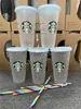 Starbucks 24oz/710ml Plastikbecher, wiederverwendbar, durchsichtiger Trinkbecher mit flachem Boden, säulenförmiger Deckel, Strohhalmbecher, Bardian FreeVVRZ