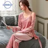 DIANRUO Autunno Inverno Caldo Pigiama Set Donna Indumenti da notte Velluto Sexy Rosa Homewear Donna Pigiama Pantalone lungo Veste 3 pezzi Vestito Q378 201217