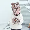 Ny Höst Vinter Varm Baby Leopard Plush Hat Mitten Set Barn Babys Earmuff Hattar Beanie Handskar Kids Hat + Handskar 2st / Set