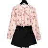 Nya Spring Autumn Women Sweet 2 Piece Girls Floral Print Blus Tops och minikjol kostymer kvinnliga färska chiffonguppsättningar F10 T200325