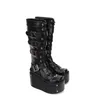 Menina Mulheres Motocicleta Sapatos Senhora Cunhas Altas Saltos Lolita Punk Boots Mulher Princesa Vestido Bombas Rebites 10cm