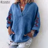 2019 Femmes Floral Brodé Blouse Automne Vintage Coton Chemises Casual VNeck À Manches Longues Lâche Tunique Tops Femme Blusas T200321