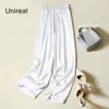 Unireal Summer Women Wide Leg Byxor Högt midja Casual Byxor Streetwear Black Silk Satin Elegant Long Palazzo 220311