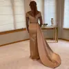 Champagne lange mouwen prom jurken luxe kralen kristal overskirt Arabische Arabische Dubai zeemeermin receptie jurk avondkleding