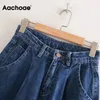 aachoae women Streetwear Pleated Mom Jeans High WAISTルーズ前かがみのポケットボーイフレンドパンツカジュアルレディースデニムズボン220216