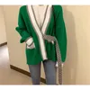 Women Autumn sweater single buttons patchwork V-neck sexy Green white loose long sleeve knitted Cardigans coat Korean casual LJ201017