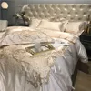 Lyx Champagne Blå Silk Egyptisk Bomull Guld Broderi European Palace Bedding Set Duvet Cover Bed Sheet / Linne Pillowcases 201128