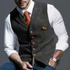 Erkek Takım Elbise Yelek Çentikli Ekose Yün Herringbone Tweed Yelek Rahat Örgün İş Groomman Düğün Yeşil / Siyah / Yeşil / GREY1