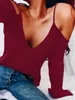 Damen T-Shirt Damen Sling Langarm T-Shirt mit V-AusschnittSexy Style Damenbekleidung T-Shirts Solid Slash Button Off Shoulder Tops