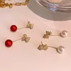 Koreanska bowknot pärla örhängen röd vit fram och tillbaka brincos femme smycken grossist