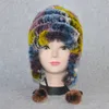 Russische Winter Echt Earflap Hut Frauen Gestrickte Echte Skullies Kappe DIY Warme Weiche Rex Kaninchen Fell Beanies Caps Y201024229y