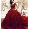 New Dark Red Ball Gown Wedding Dresses 2023 Sweetheart Lace Appliqued 3D Flowers Long Bridal Chapel Train Plus Size Straps Bride Dress