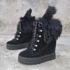 Inverno Quente Negra Camurça Woolfur Botas Mulheres Lace Up Sapatos Casuais Espessas Sola Senhoras Interiores Aumento do Salto Pele Romana Snnow Bottines