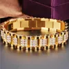 高品質ゴールドカラー時計バンドチェーンブレスレットステンレス鋼ローズ CZ クリスタルジルコンバイカーリンクブレスレットバングルジュエリー男性女性