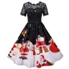 Lace Christmas Dress Women 2020 New Short Sleeve Print High Waist Elegant Vintage Winter Xmas Party robe Sundress Plus Size 3XL