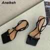 Aneikeh Women's Sandals Fashion Leisure Thin Heels Cross-Tied Square Toe Elegant Party Narrow Band Print Plaid Shoes 2021 Summer C0129