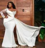 NEW! Arabic Aso Ebi Mermaid Prom Dresses 2022 Plus Size Lace Beaded Long Sleeve African Sexy Side Train Evening Gown Robe Noir soirée