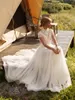 Vintage Boho Suknia ślubna Koronka Wysokiej szyi Linia Tulle Princess Hollow Bare Back Krótkie Rękawy Suknie Ślubne Robe de Mariee