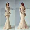 Projektant Szampana Koronka Syrenka Prom Dresses Appliqued Back Zipper 2021 Pełne rękawy Eleganckie arabskie Długie Formalne Nosić Suknie Wieczorowe Peplum