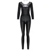 Femmes Shapers Sexy Lady Cuir Noir Latex Catsuits Coupe Basse Avec Fermeture À Glissière Ouvert Entrejambe Élastique Wetlook PU Leotard Body Bar Clubwear