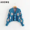 AOEMQ Women cardigan Female Sweaters Cute Light Green Symbol Life Vintage Sweater Spring Sweaters with Flower Print Women Tops 200924