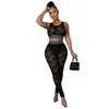 Designer Womens Hollow Out Two Piece Pants Set 2022 Spring And Summer Lace Tracksuits Thread Splicing Clothing