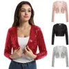 Women Coat Shining Sequined Long Sleeve Cropped Length Open Front Bolero Shrug T200111