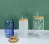 sublimação 12 onças de vidro de vidro de 16 onças caneca de cerveja de vidro com tampa de bambu reutilizável palha em branco Soda fosca transparente pode copo de copos