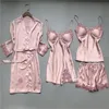 Frauen Nachtwäsche Sexy Reine Farbe Satin Eis Seide 4-stück Robe Sets Frauen Pyjamas Korea Spaghetti-trägern Shorts Pijamas nachtwäsche1