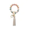 rainbow silicone bead bracelet keychain pu leather tassel wristband bracelet keyring