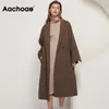 ACHOAE 솔리드 컬러 100 % 양모 긴 코트 여성 느슨한 캐주얼 긴 소매 샤시 겉옷 더블 브레스트 세련 된 숙녀 Overcoat 201006
