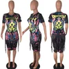 Deux pièces ensemble jupe midi crâne imprimé manches courtes t-shirt plus taille grande robe femme tenue streetwear harajuku été 2 pièces lj201117