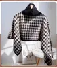 Autumn winter women turtleneck knitted houndstooth grid print asymmetric warm fashion short desinger sweater top poncho cloak knitwear