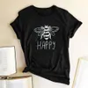 Happy parted bee добрые женщины tee футболка o-шеи хлопок с коротким рукавом случайные рубашки женщина дамы лето графические тройники топы одежда