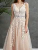 2023 웨딩 드레스 v 넥 라이트 샴페인 바닥 길이 아플리크 오픈 백 라인 뒷모습 신부 드레스 vesido de noiva mariage