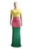 ファッション半袖コントラストカラーブロッキングドレス女性カジュアルエレガントなドレス夏のカジュアルロングドレス