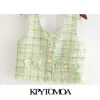 KPYTOMOA Kvinnor Sweet Fashion Frayed Tassel Tweed Plaid WaistCoat Vintage V Neck ärmlös kvinnlig väst Ytterkläder Chic Tops 201031