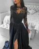 Långa ärmar svarta spetsar prom klänningar juvelhals arabiska aso ebi applicerade en linje chiffong formell aftonklänningar sida slits plus storlek special tillfälle klänning al7865