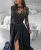 Long Sleeves Black Lace Prom Dresses Jewel Neck Arabic Aso Ebi Appliqued A Line Chiffon Formal Evening Gowns Side Slit Plus Size Special Occasion Dress AL7865