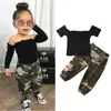 1-6Y mode kids baby meisje kleding meisje outfits zwarte korte mouw uit schouder t-shirt tops + camouflage broek outfit 2pcs1